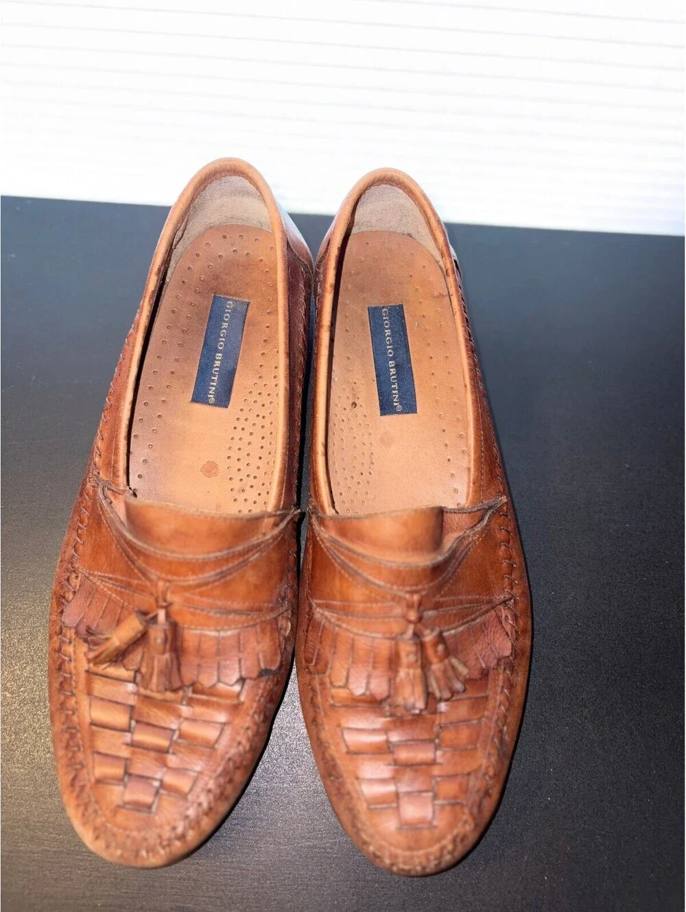 Vintage 90s Giorgio Brutini 13D Brown Woven Leather Kiltie Tassel Loafers 1286